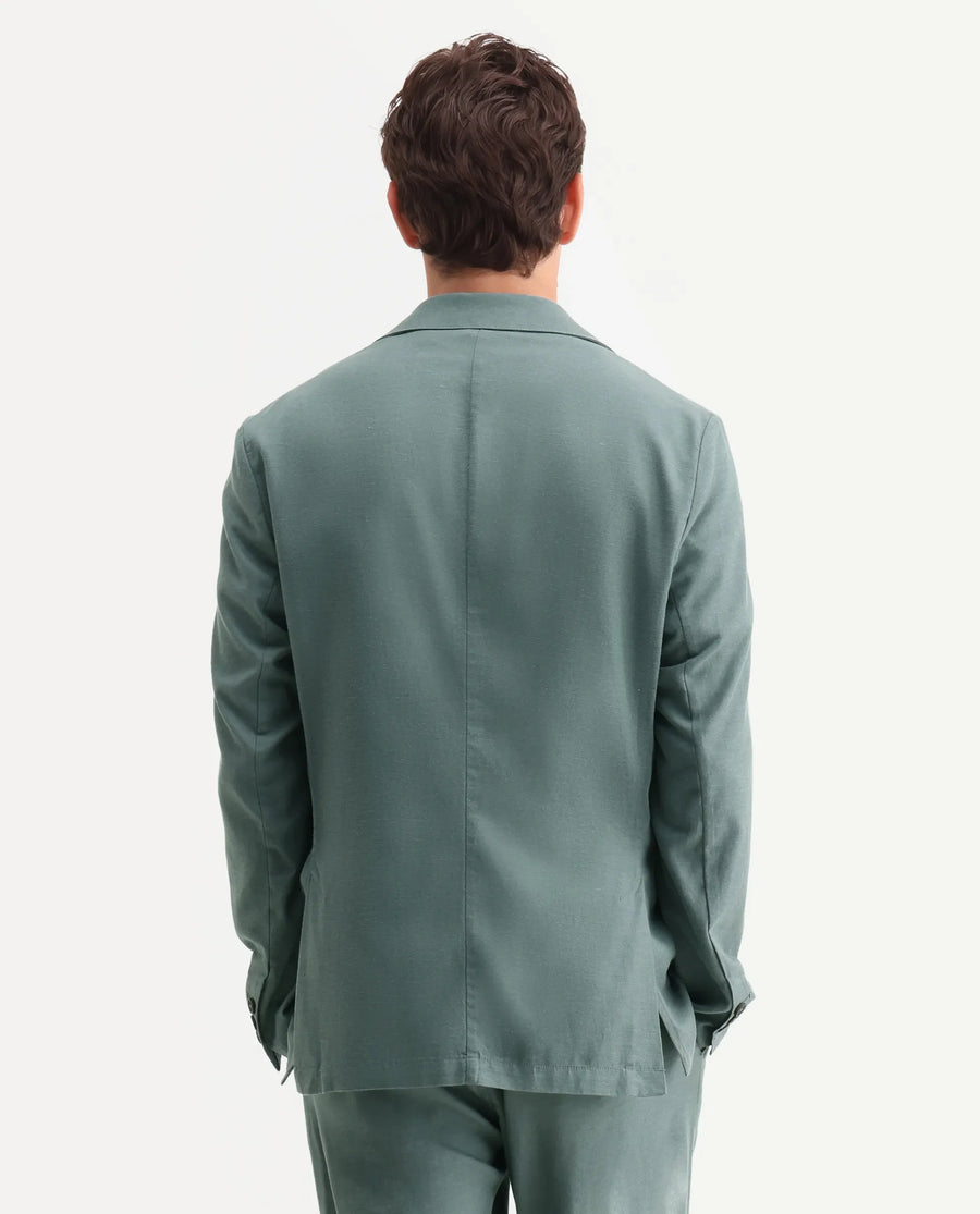 Rare Rabbit Men's Linol Dusky Green Linen Blend Fabric Lapel Neck Tailored Fit Plain Blazer