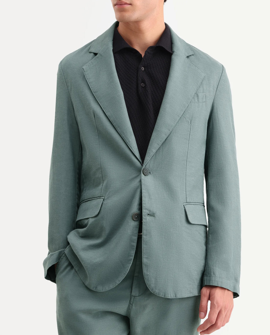 Rare Rabbit Men's Linol Dusky Green Linen Blend Fabric Lapel Neck Tailored Fit Plain Blazer