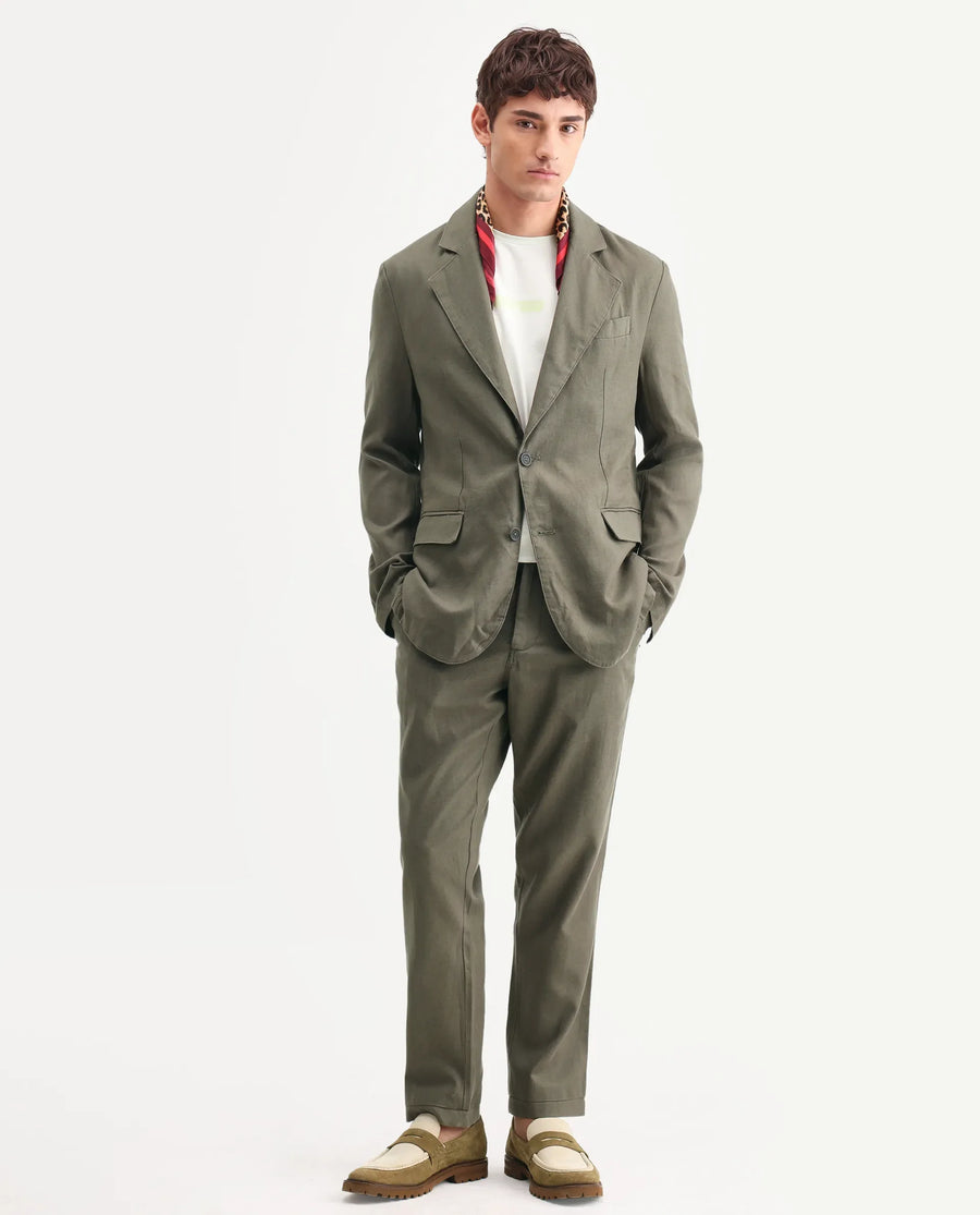 Rare Rabbit Men's Linol Dusky Olive Linen Blend Fabric Lapel Neck Tailored Fit Plain Blazer