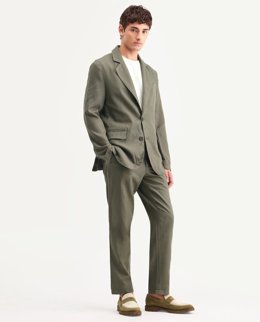 Rare Rabbit Men's Linol Dusky Olive Linen Blend Fabric Lapel Neck Tailored Fit Plain Blazer