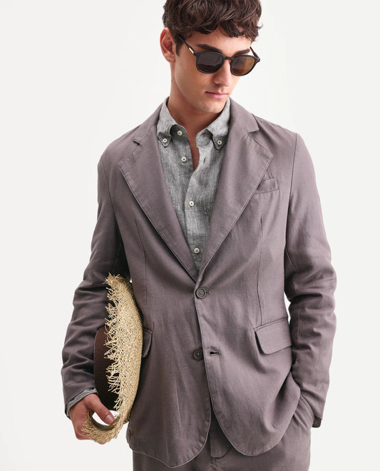 Rare Rabbit Men's Linol Grey Linen Blend Fabric Lapel Neck Tailored Fit Plain Blazer
