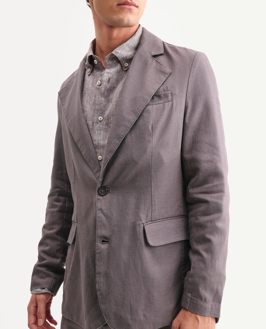 Rare Rabbit Men's Linol Grey Linen Blend Fabric Lapel Neck Tailored Fit Plain Blazer