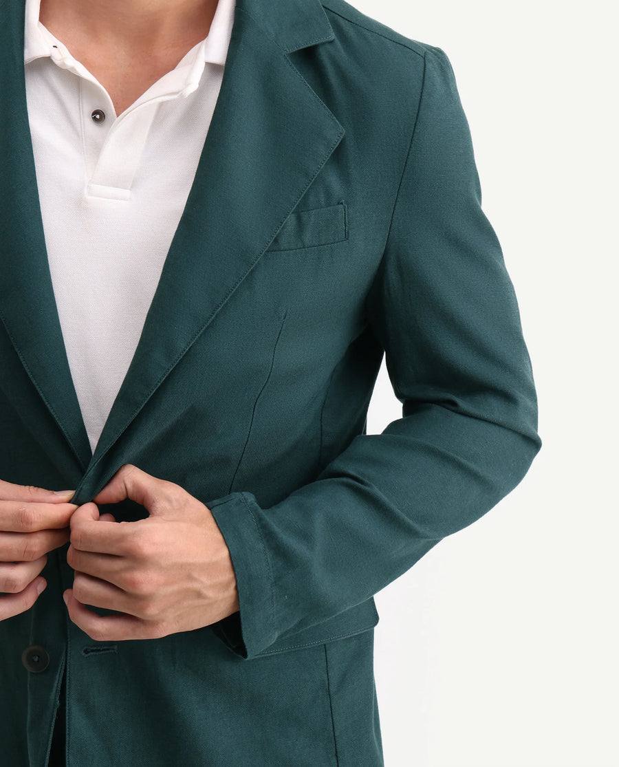 Rare Rabbit Men's Linol Dark Green Linen Blend Fabric Lapel Neck Tailored Fit Plain Blazer