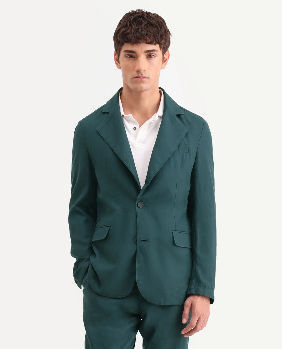 Rare Rabbit Men's Linol Dark Green Linen Blend Fabric Lapel Neck Tailored Fit Plain Blazer