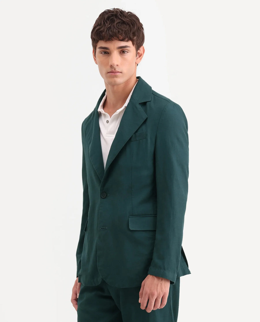 Rare Rabbit Men's Linol Dark Green Linen Blend Fabric Lapel Neck Tailored Fit Plain Blazer
