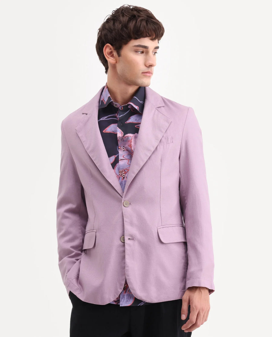 Rare Rabbit Men's Linol Dusky Pink Linen Blend Fabric Lapel Neck Tailored Fit Plain Blazer
