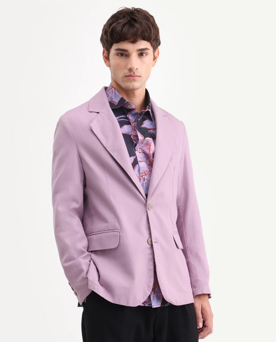 Rare Rabbit Men's Linol Dusky Pink Linen Blend Fabric Lapel Neck Tailored Fit Plain Blazer