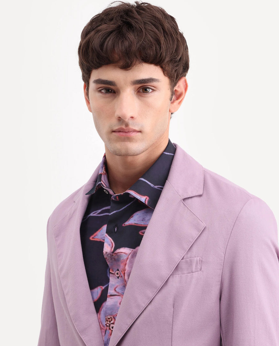 Rare Rabbit Men's Linol Dusky Pink Linen Blend Fabric Lapel Neck Tailored Fit Plain Blazer