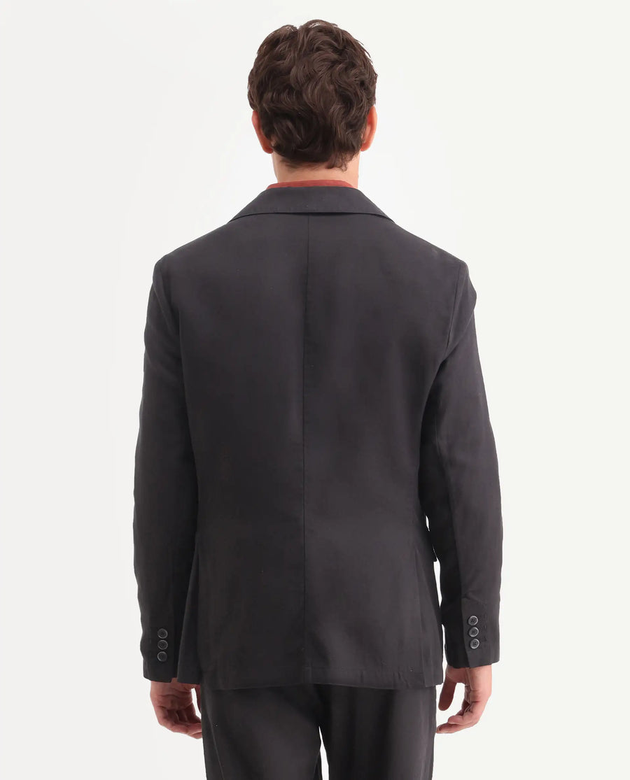 Rare Rabbit Men's Linol Black Linen Blend Fabric Lapel Neck Tailored Fit Plain Blazer