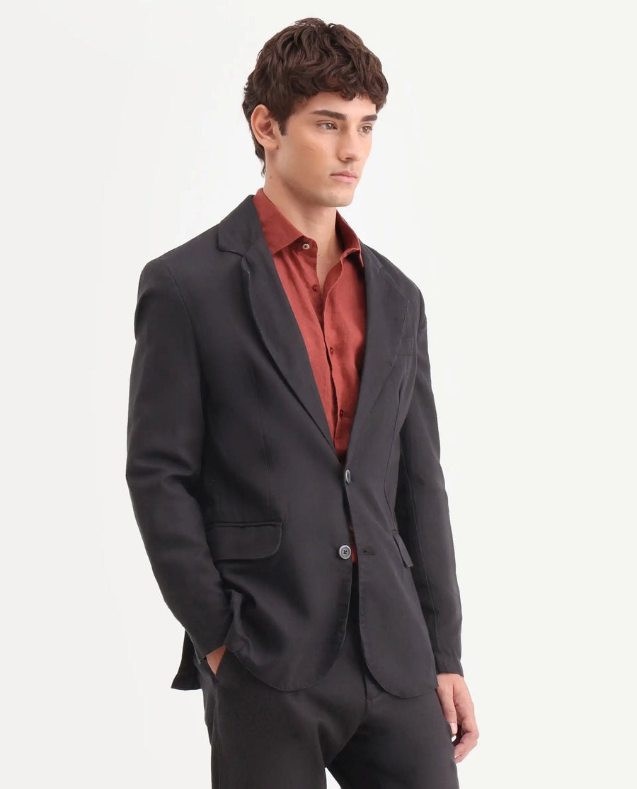Rare Rabbit Men's Linol Black Linen Blend Fabric Lapel Neck Tailored Fit Plain Blazer