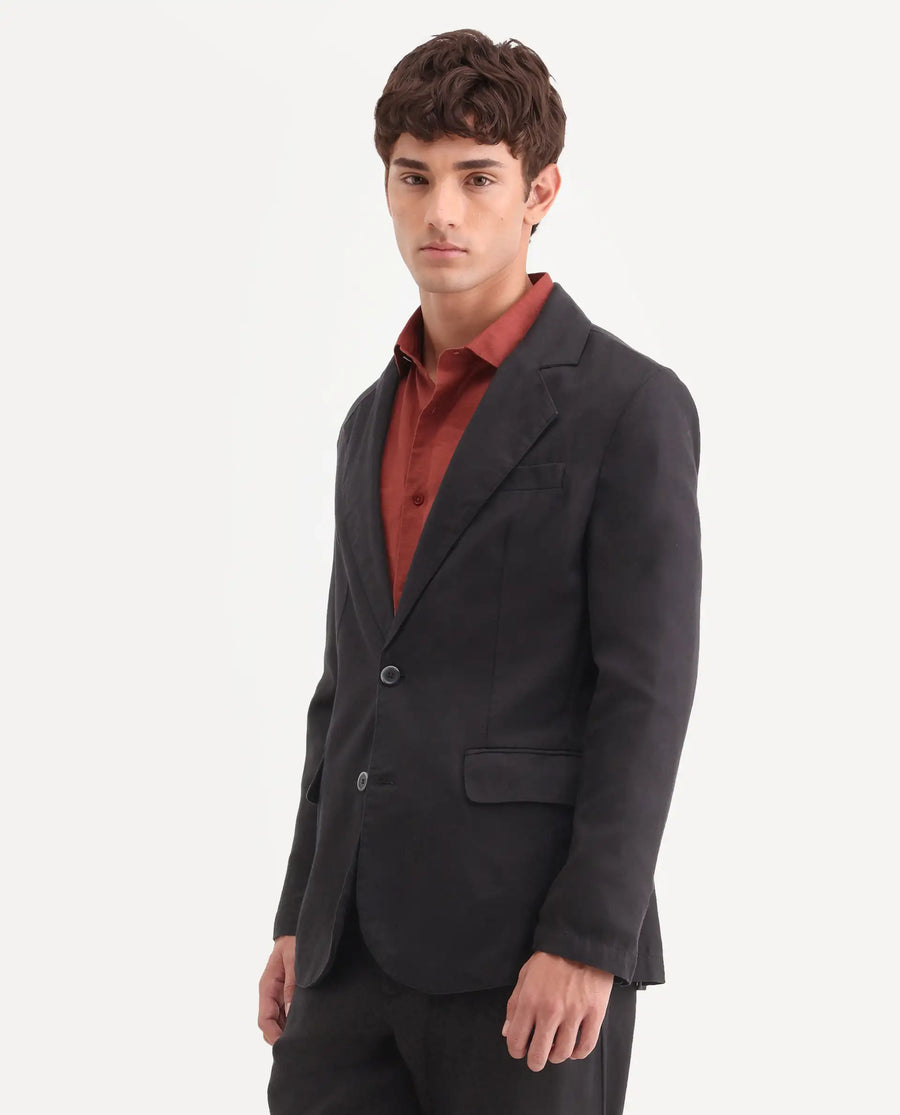 Rare Rabbit Men's Linol Black Linen Blend Fabric Lapel Neck Tailored Fit Plain Blazer