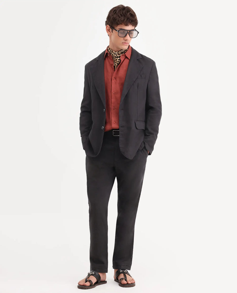 Rare Rabbit Men's Linol Black Linen Blend Fabric Lapel Neck Tailored Fit Plain Blazer