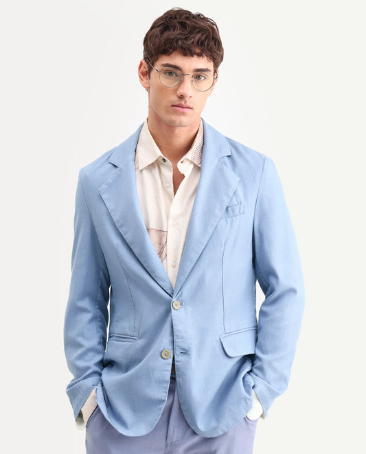 Rare Rabbit Men's Linol Light Blue Linen Blend Fabric Lapel Neck Tailored Fit Plain Blazer