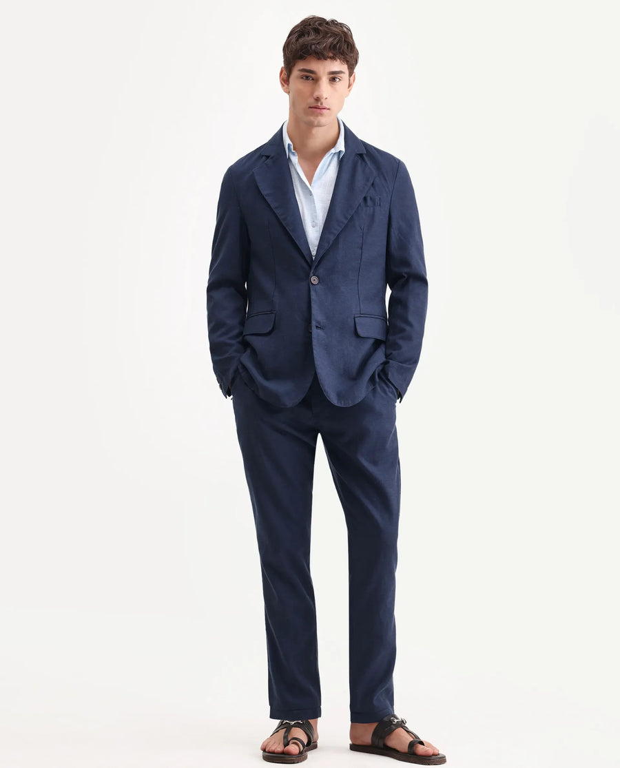 Rare Rabbit Men's Linol Navy Linen Blend Fabric Lapel Neck Tailored Fit Plain Blazer