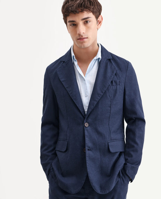 Rare Rabbit Men's Linol Navy Linen Blend Fabric Lapel Neck Tailored Fit Plain Blazer