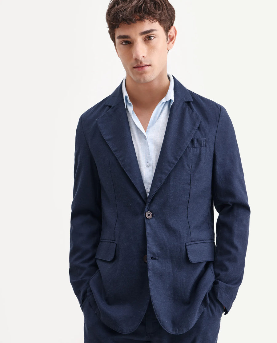 Rare Rabbit Men's Linol Navy Linen Blend Fabric Lapel Neck Tailored Fit Plain Blazer