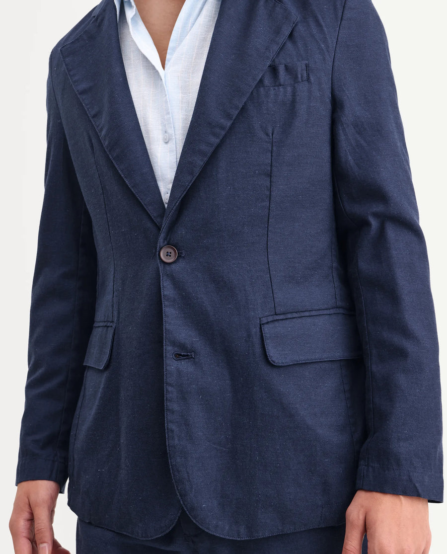 Rare Rabbit Men's Linol Navy Linen Blend Fabric Lapel Neck Tailored Fit Plain Blazer