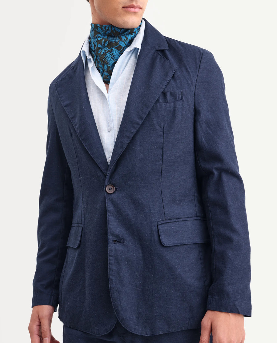 Rare Rabbit Men's Linol Navy Linen Blend Fabric Lapel Neck Tailored Fit Plain Blazer