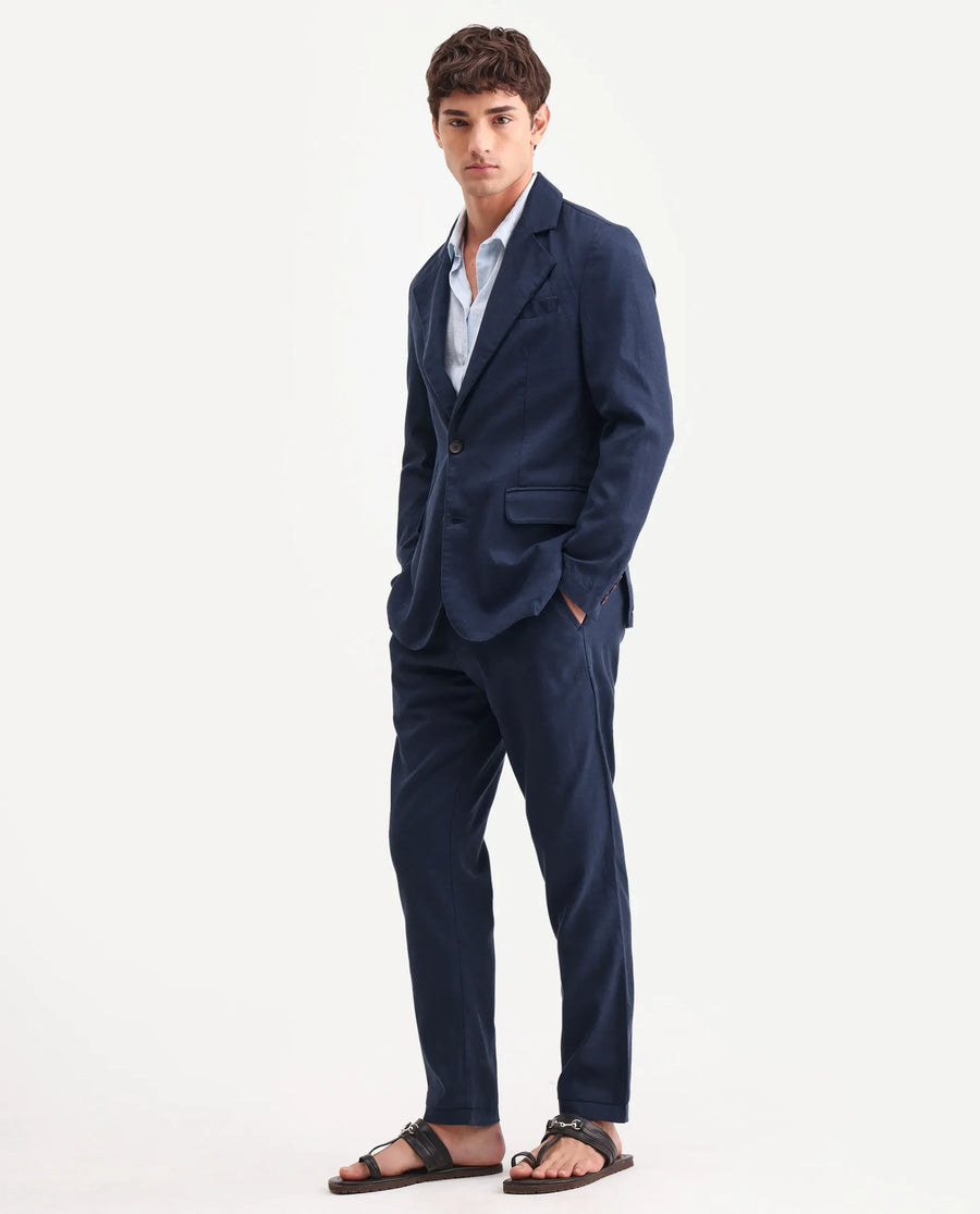 Rare Rabbit Men's Linol Navy Linen Blend Fabric Lapel Neck Tailored Fit Plain Blazer