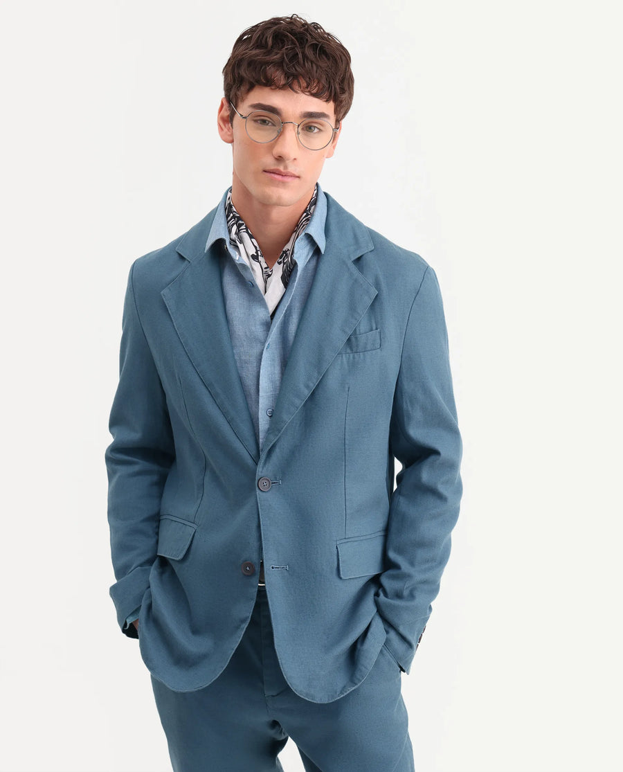 Rare Rabbit Men's Linol Dusky Petrol Linen Blend Fabric Lapel Neck Tailored Fit Plain Blazer