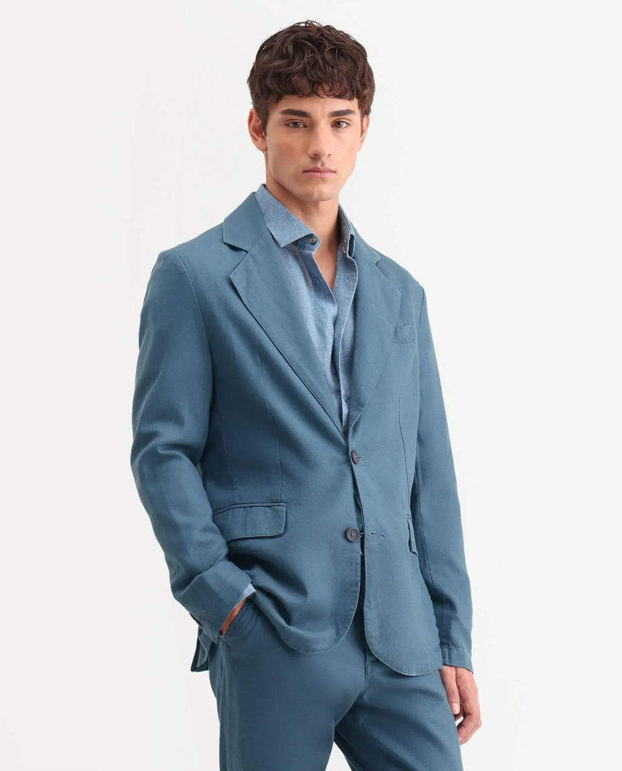 Rare Rabbit Men's Linol Dusky Petrol Linen Blend Fabric Lapel Neck Tailored Fit Plain Blazer