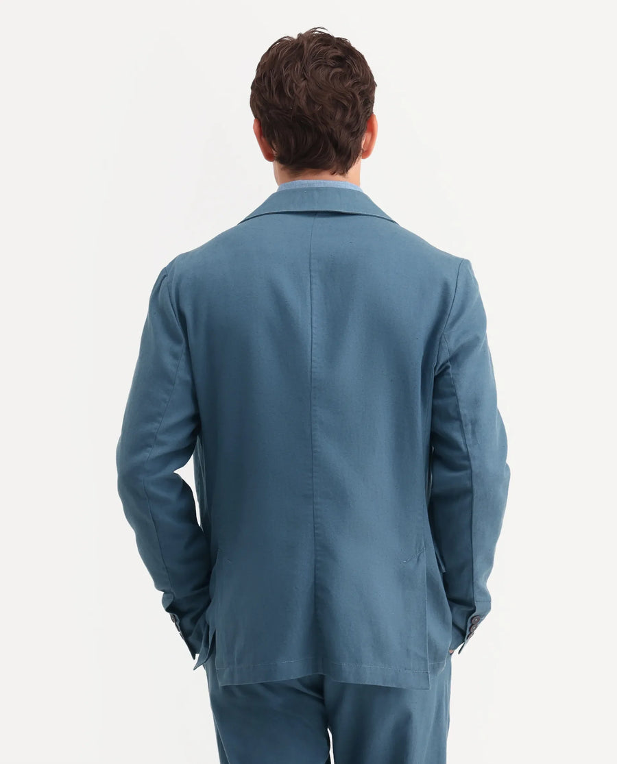 Rare Rabbit Men's Linol Dusky Petrol Linen Blend Fabric Lapel Neck Tailored Fit Plain Blazer