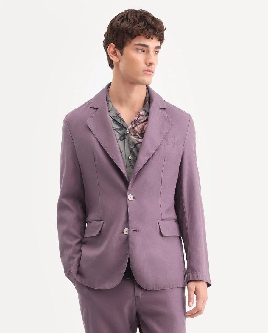 Rare Rabbit Men's Linol Purple Lyocell Blend Fabric Collared Neck Tailored Fit Blazer