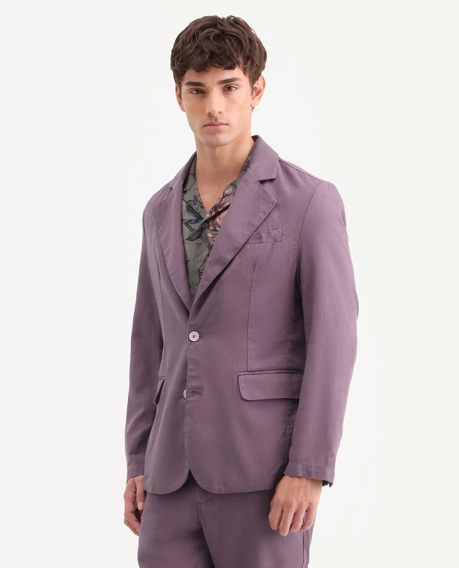 Rare Rabbit Men's Linol Purple Lyocell Blend Fabric Collared Neck Tailored Fit Blazer