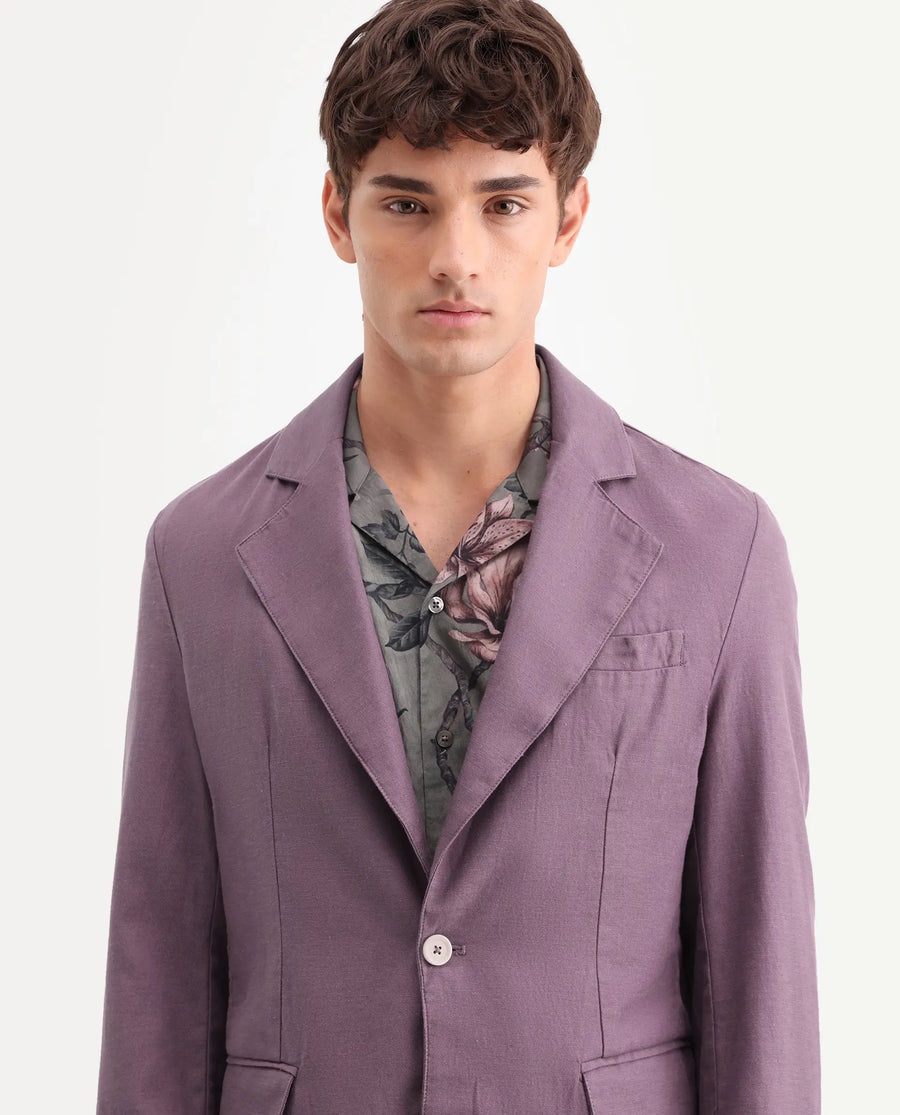 Rare Rabbit Men's Linol Purple Lyocell Blend Fabric Collared Neck Tailored Fit Blazer