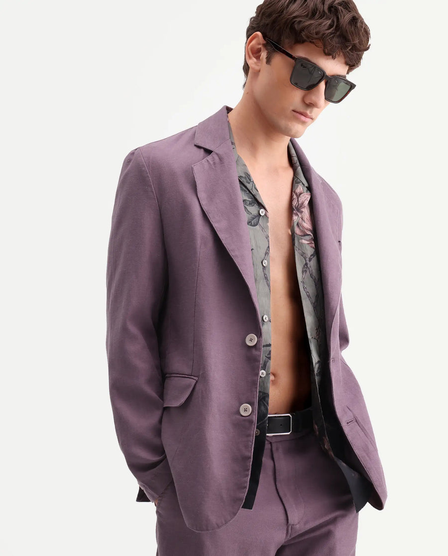 Rare Rabbit Men's Linol Purple Lyocell Blend Fabric Collared Neck Tailored Fit Blazer