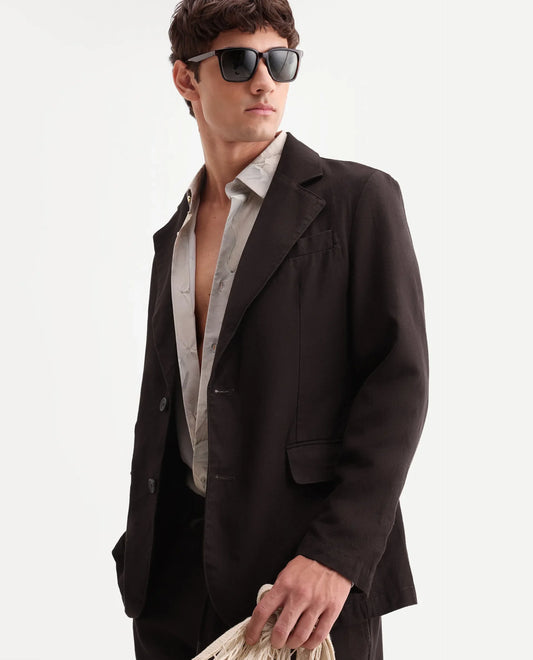 Rare Rabbit Men's Linol Dark Brown Linen Blend Fabric Lapel Neck Tailored Fit Plain Blazer