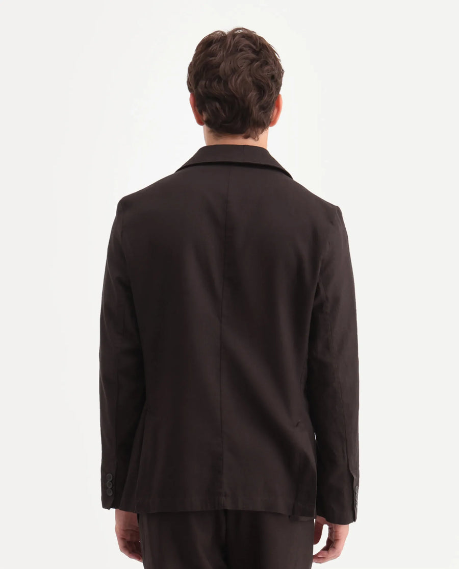Rare Rabbit Men's Linol Dark Brown Linen Blend Fabric Lapel Neck Tailored Fit Plain Blazer