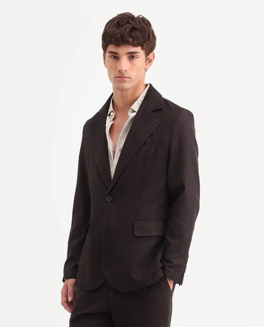 Rare Rabbit Men's Linol Dark Brown Linen Blend Fabric Lapel Neck Tailored Fit Plain Blazer