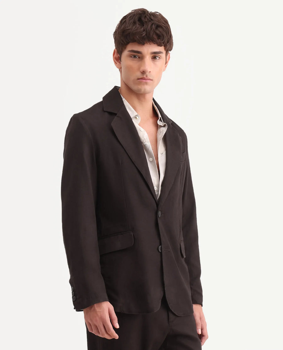 Rare Rabbit Men's Linol Dark Brown Linen Blend Fabric Lapel Neck Tailored Fit Plain Blazer