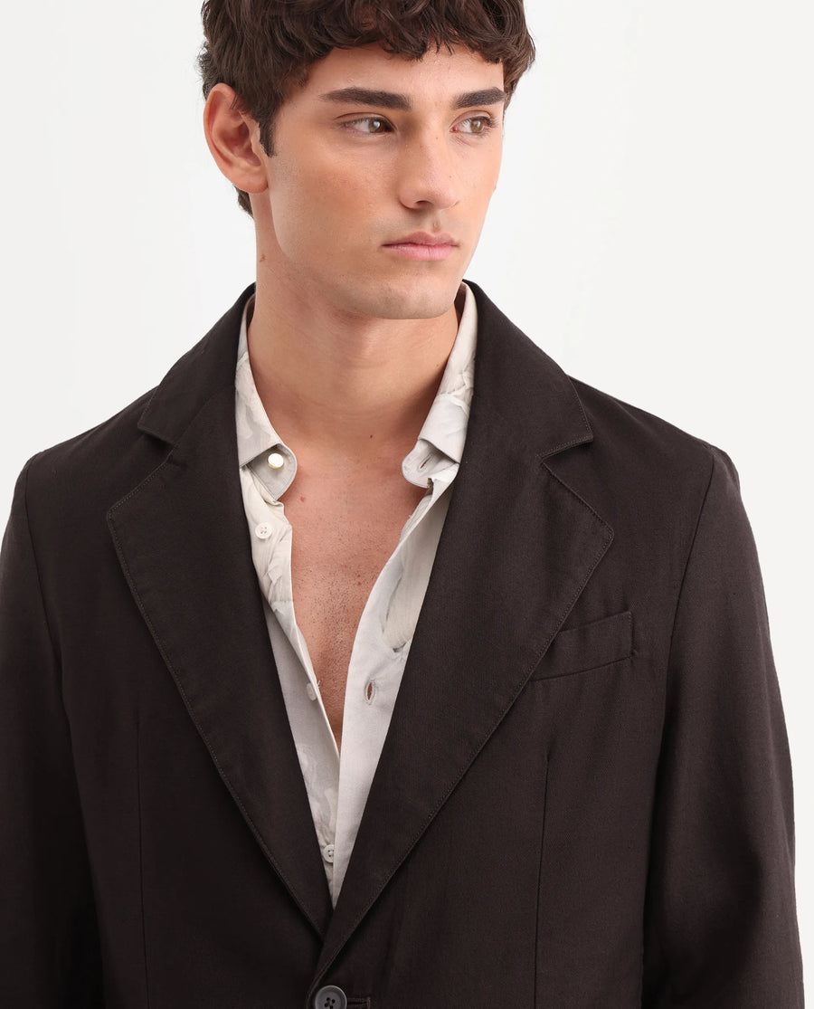 Rare Rabbit Men's Linol Dark Brown Linen Blend Fabric Lapel Neck Tailored Fit Plain Blazer