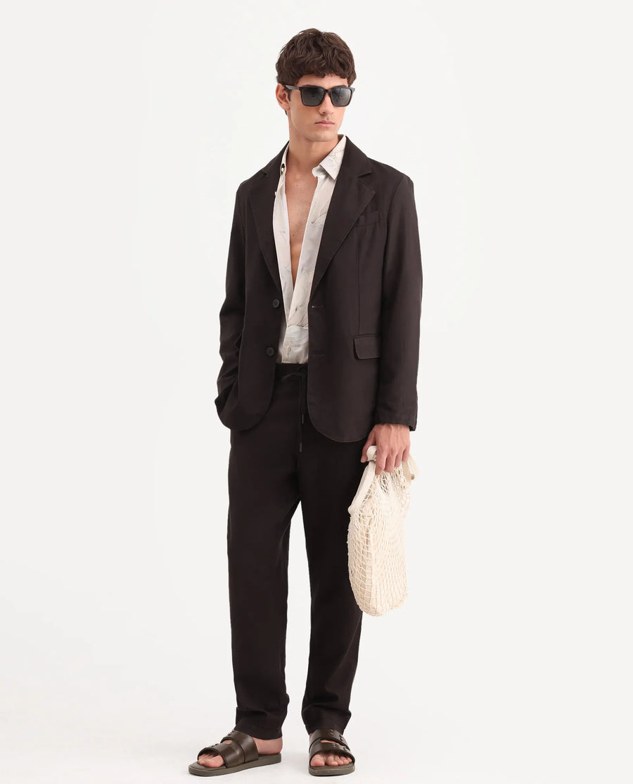 Rare Rabbit Men's Linol Dark Brown Linen Blend Fabric Lapel Neck Tailored Fit Plain Blazer