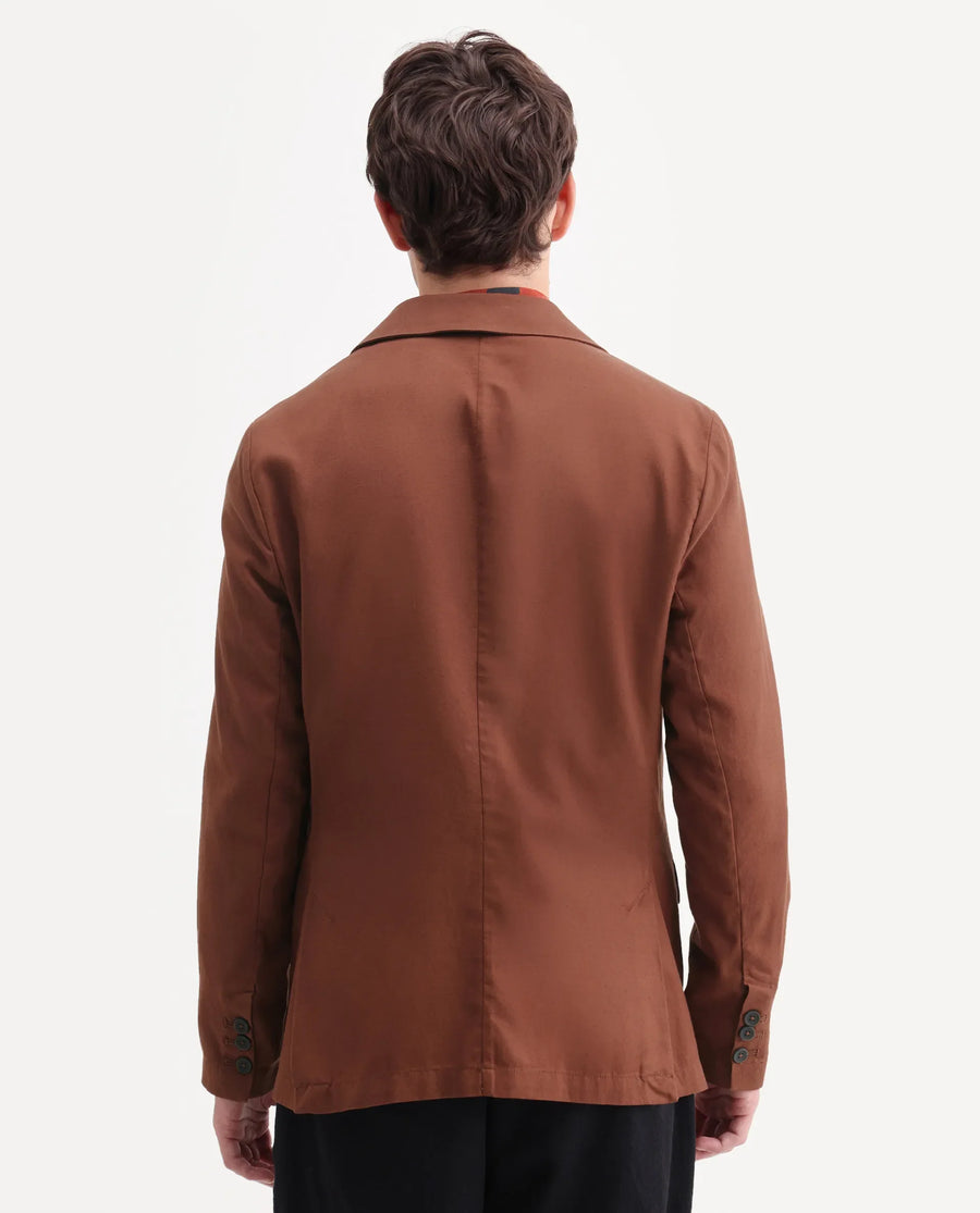 Rare Rabbit Men's Linol Brown Linen Blend Fabric Lapel Neck Tailored Fit Plain Blazer
