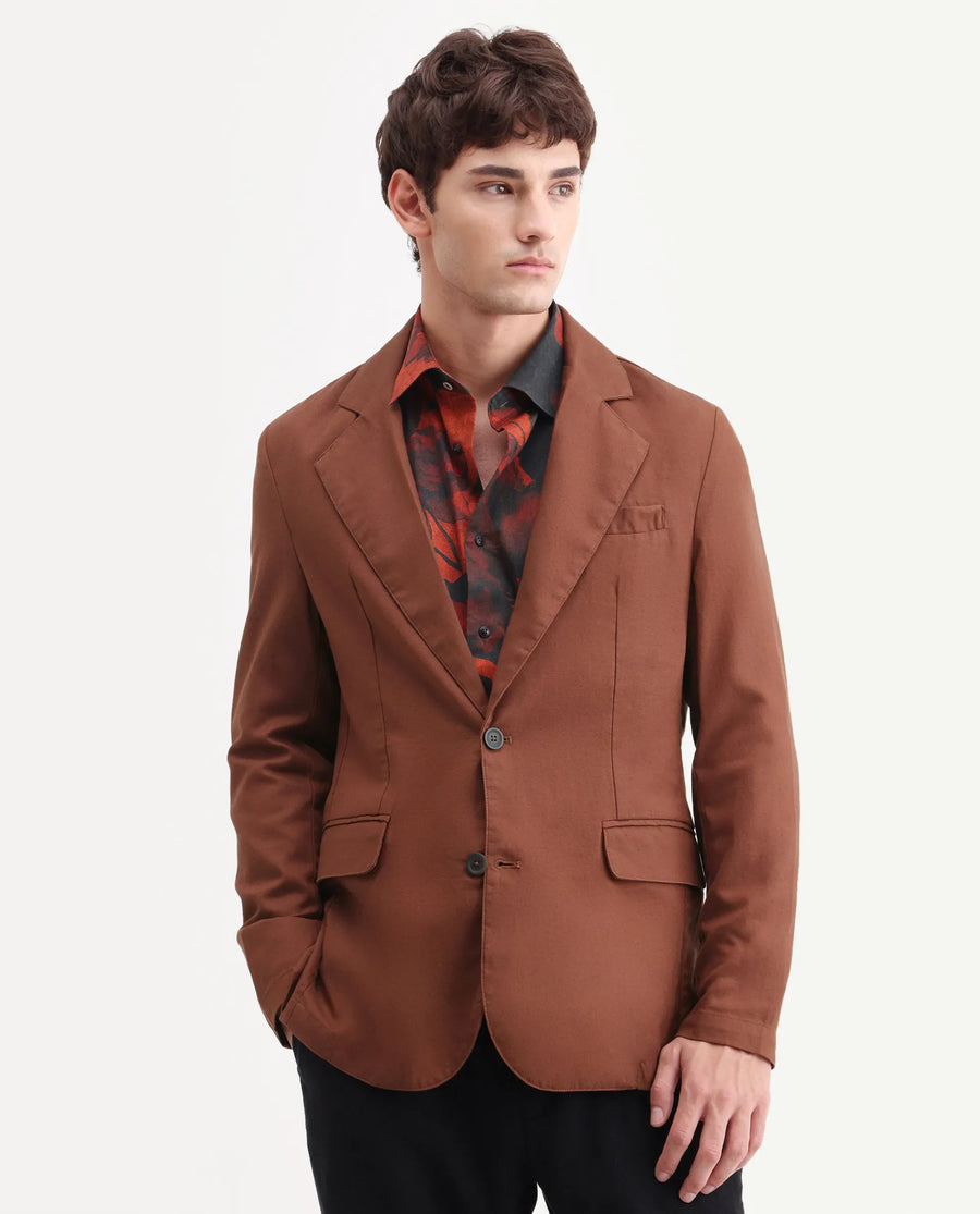 Rare Rabbit Men's Linol Brown Linen Blend Fabric Lapel Neck Tailored Fit Plain Blazer