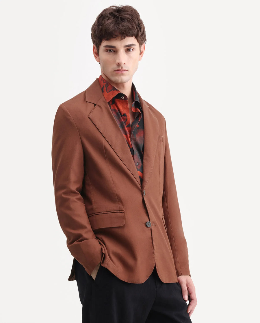 Rare Rabbit Men's Linol Brown Linen Blend Fabric Lapel Neck Tailored Fit Plain Blazer