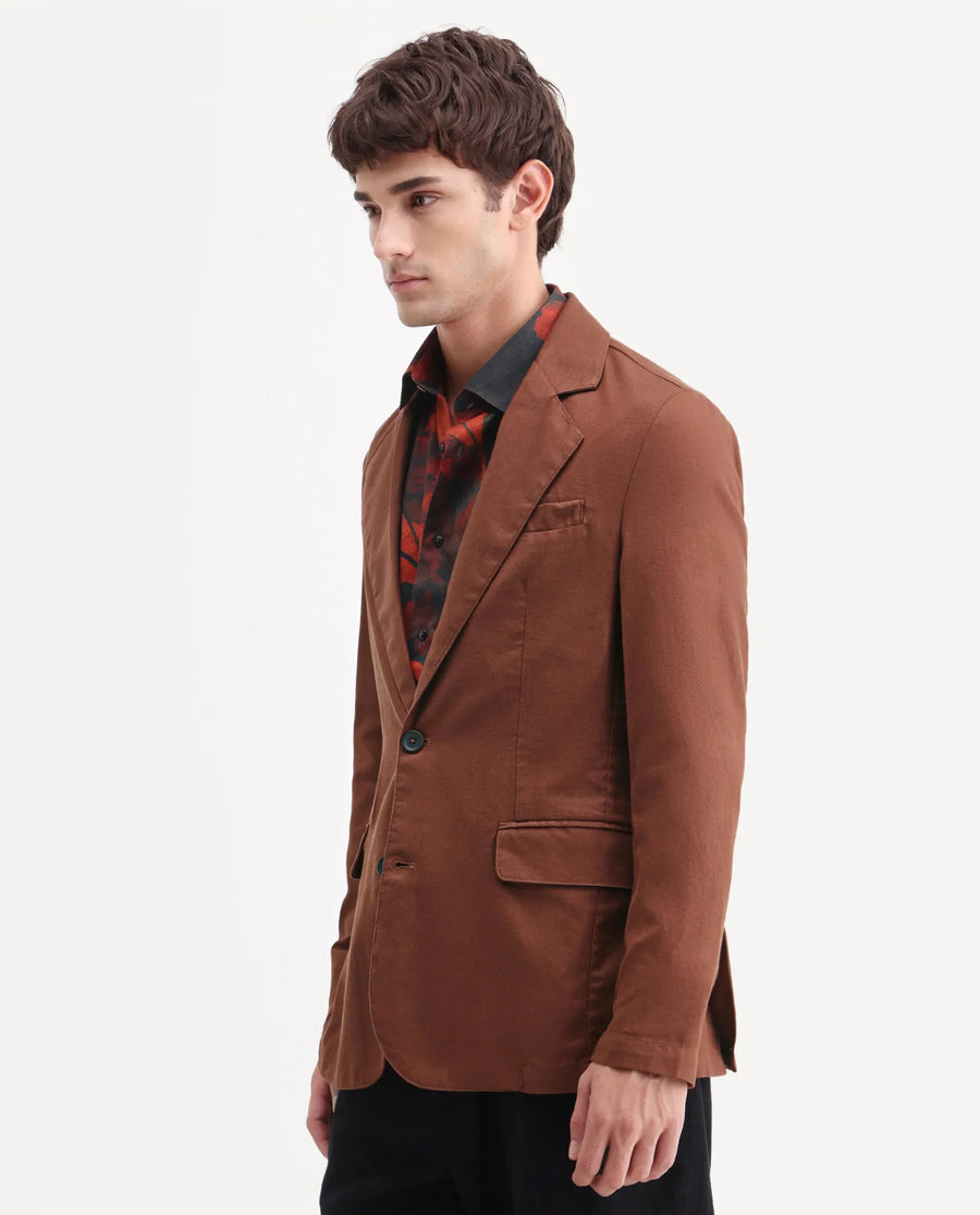 Rare Rabbit Men's Linol Brown Linen Blend Fabric Lapel Neck Tailored Fit Plain Blazer