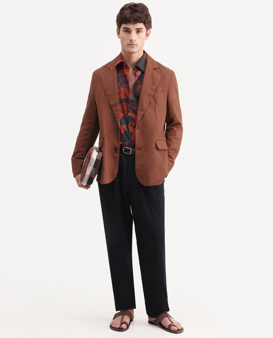 Rare Rabbit Men's Linol Brown Linen Blend Fabric Lapel Neck Tailored Fit Plain Blazer