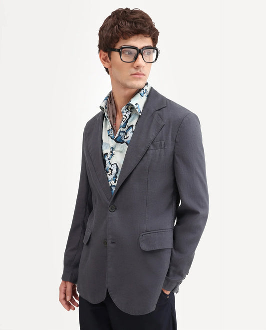 Rare Rabbit Men's Linol Dark Grey Linen Blend Fabric Lapel Neck Tailored Fit Plain Blazer