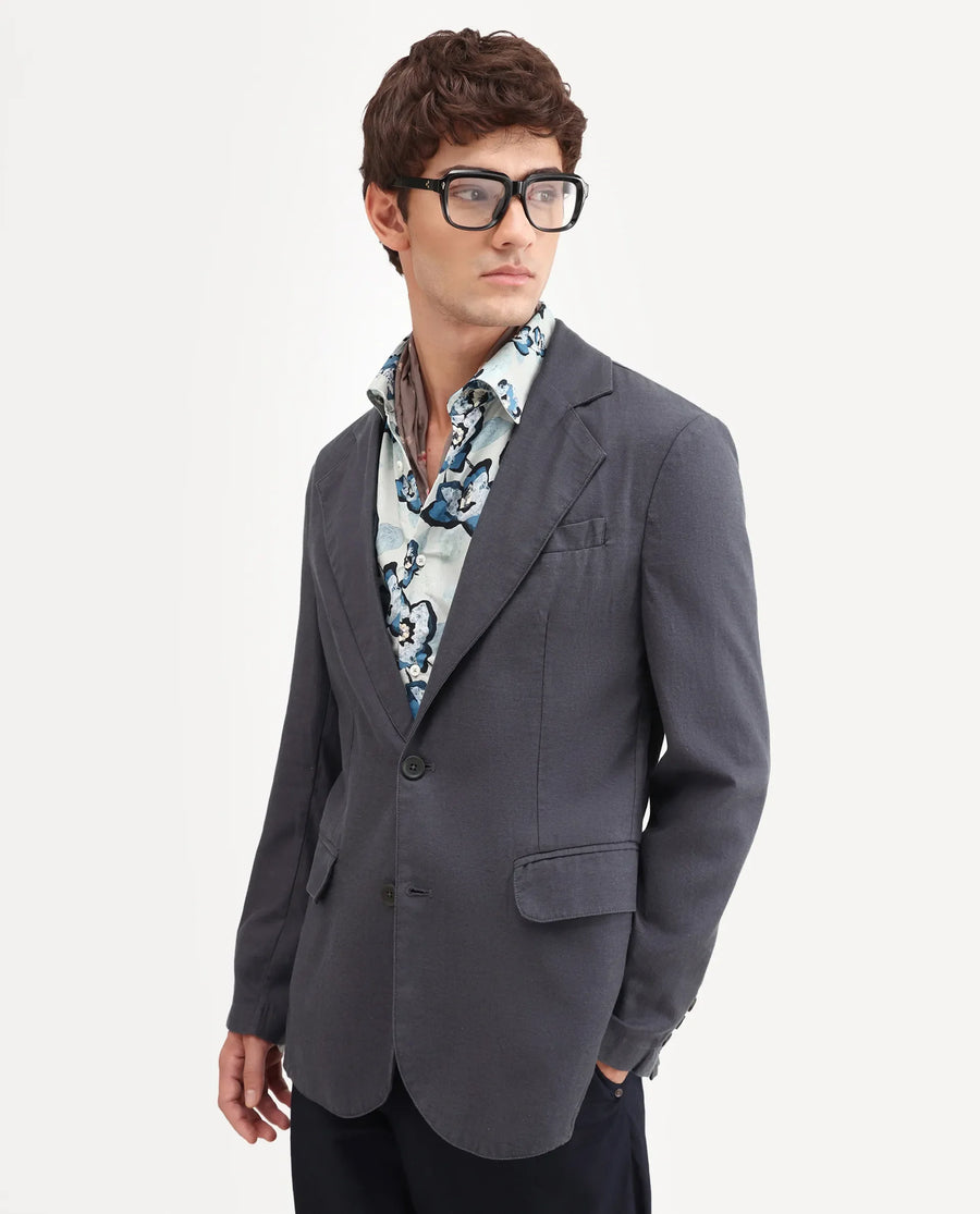 Rare Rabbit Men's Linol Dark Grey Linen Blend Fabric Lapel Neck Tailored Fit Plain Blazer
