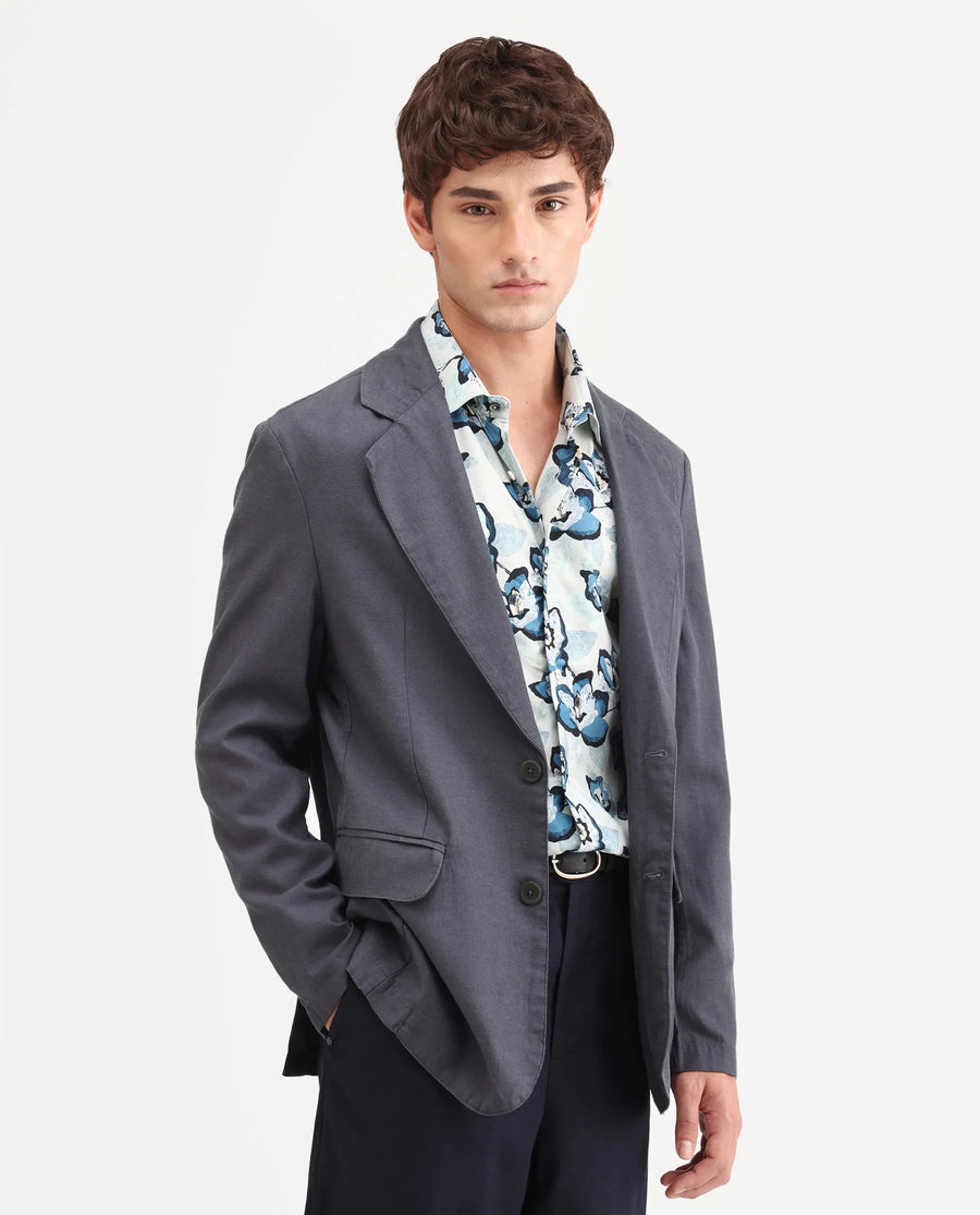 Rare Rabbit Men's Linol Dark Grey Linen Blend Fabric Lapel Neck Tailored Fit Plain Blazer