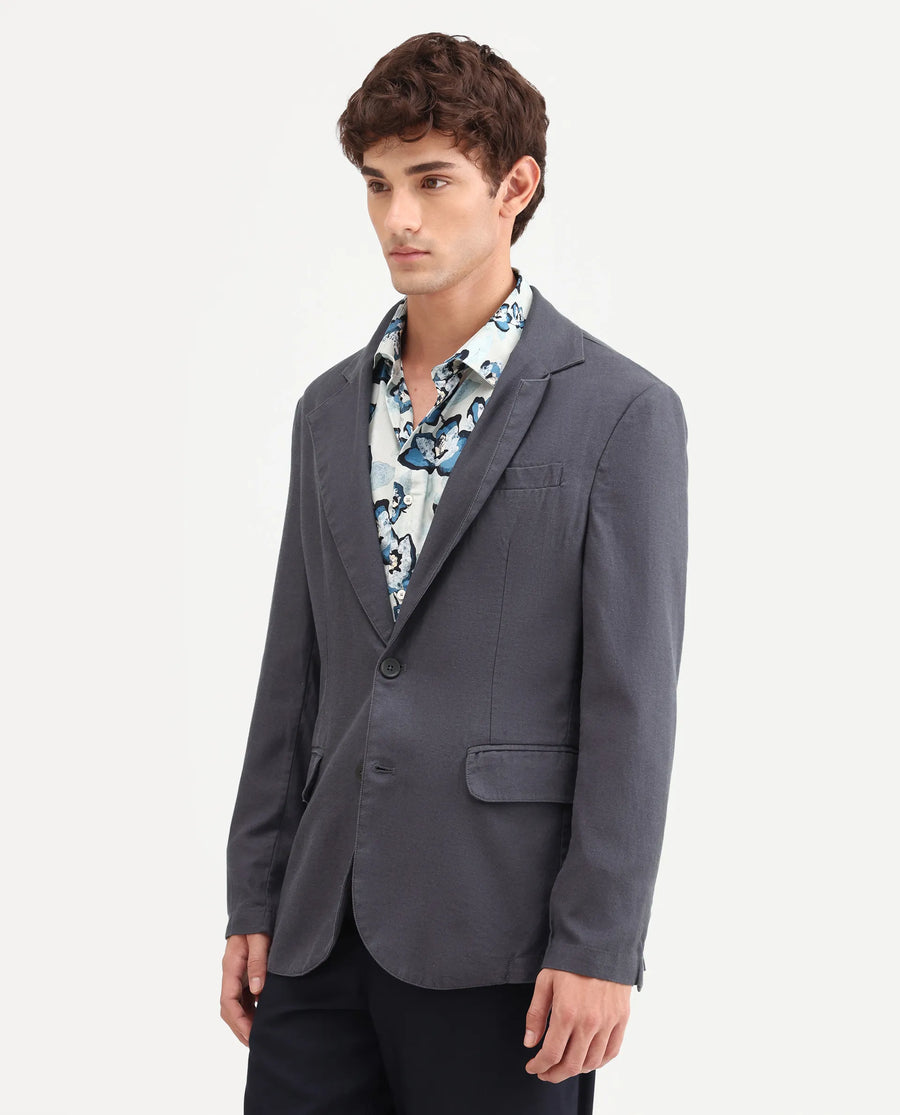 Rare Rabbit Men's Linol Dark Grey Linen Blend Fabric Lapel Neck Tailored Fit Plain Blazer
