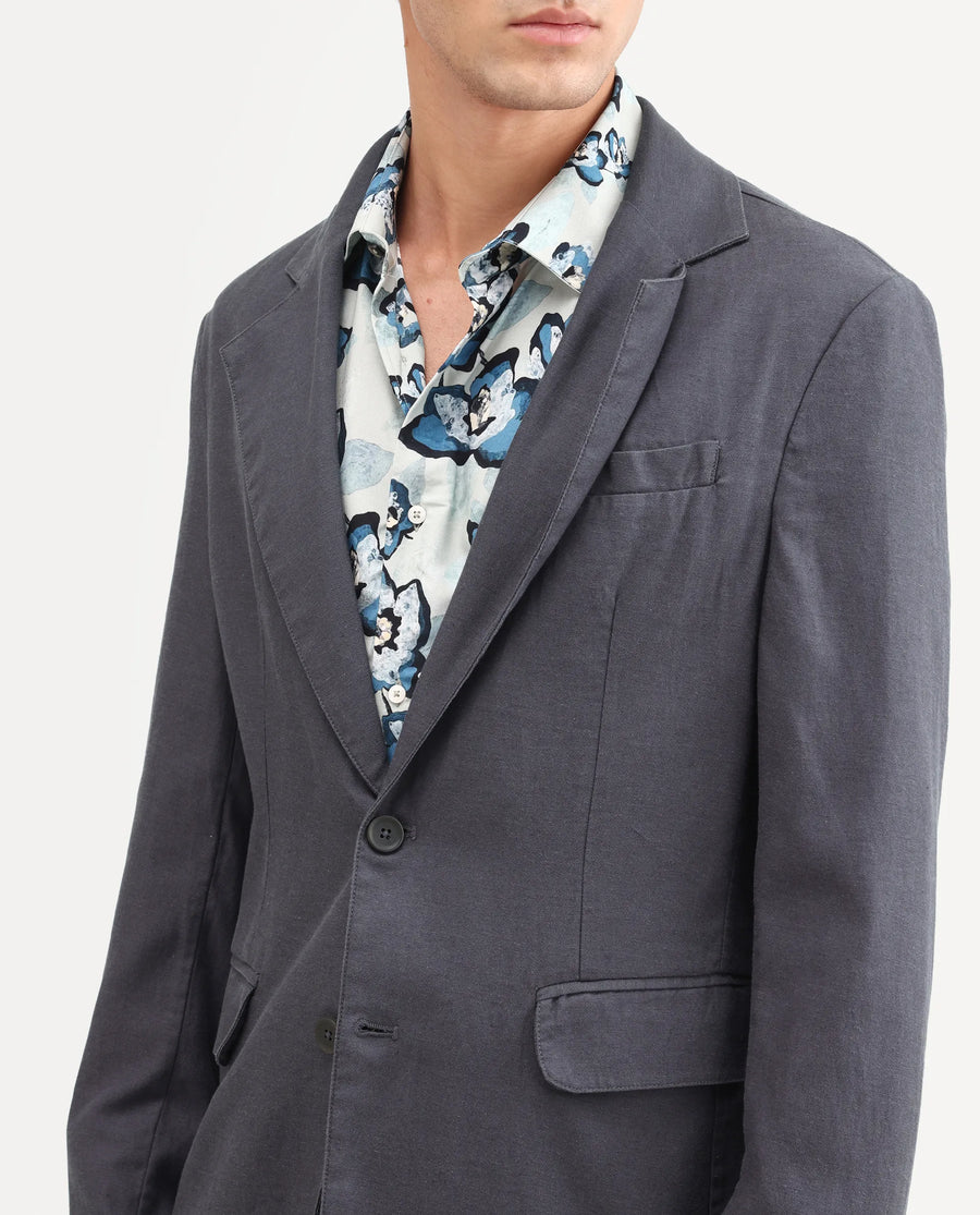 Rare Rabbit Men's Linol Dark Grey Linen Blend Fabric Lapel Neck Tailored Fit Plain Blazer