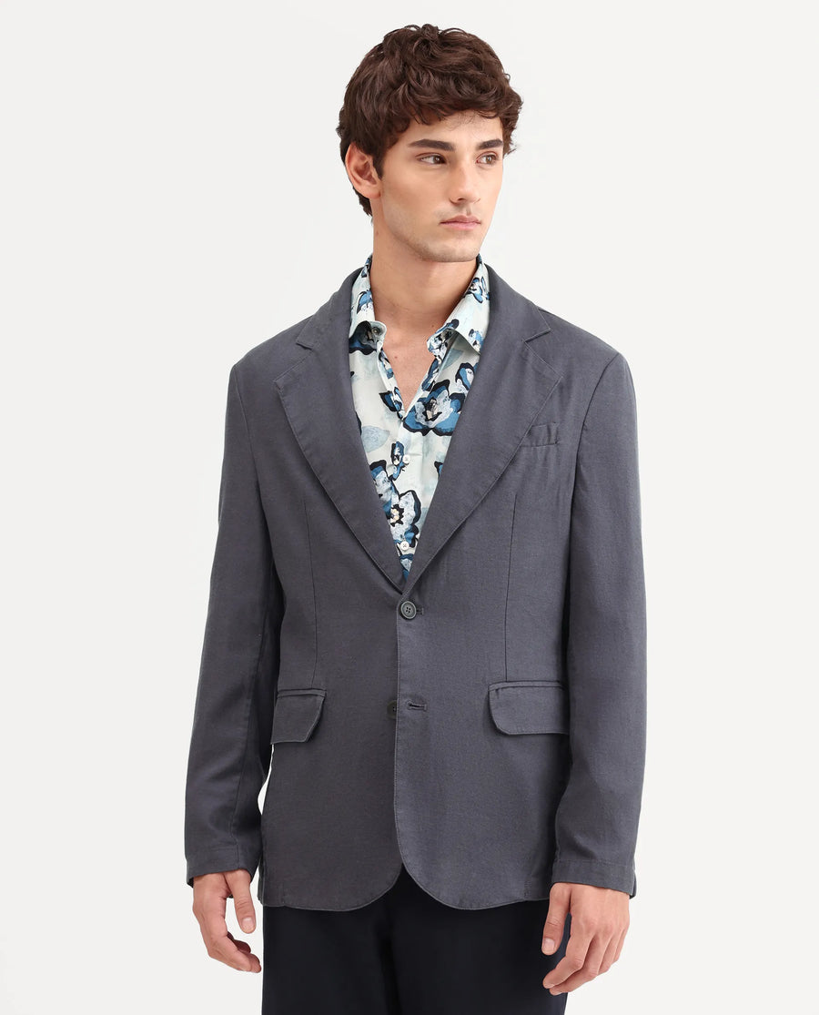 Rare Rabbit Men's Linol Dark Grey Linen Blend Fabric Lapel Neck Tailored Fit Plain Blazer