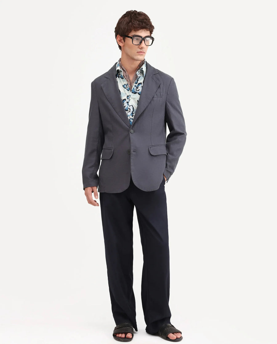 Rare Rabbit Men's Linol Dark Grey Linen Blend Fabric Lapel Neck Tailored Fit Plain Blazer