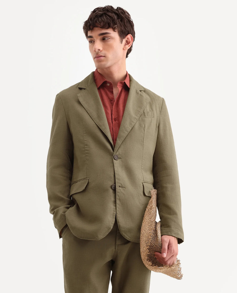 Rare Rabbit Men's Linol Khaki Linen Blend Fabric Lapel Neck Tailored Fit Plain Blazer