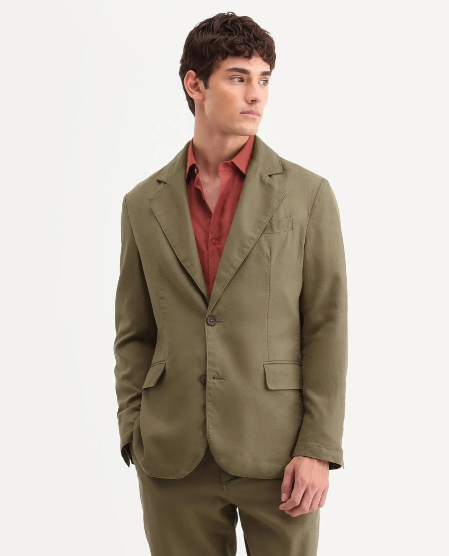 Rare Rabbit Men's Linol Khaki Linen Blend Fabric Lapel Neck Tailored Fit Plain Blazer